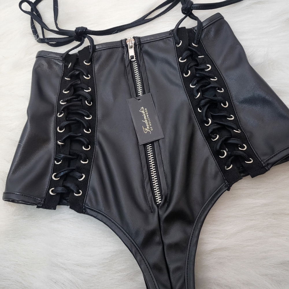 Frederick's of Hollywood NWT Black Faux Leather Lace Up High Rise Bottoms S